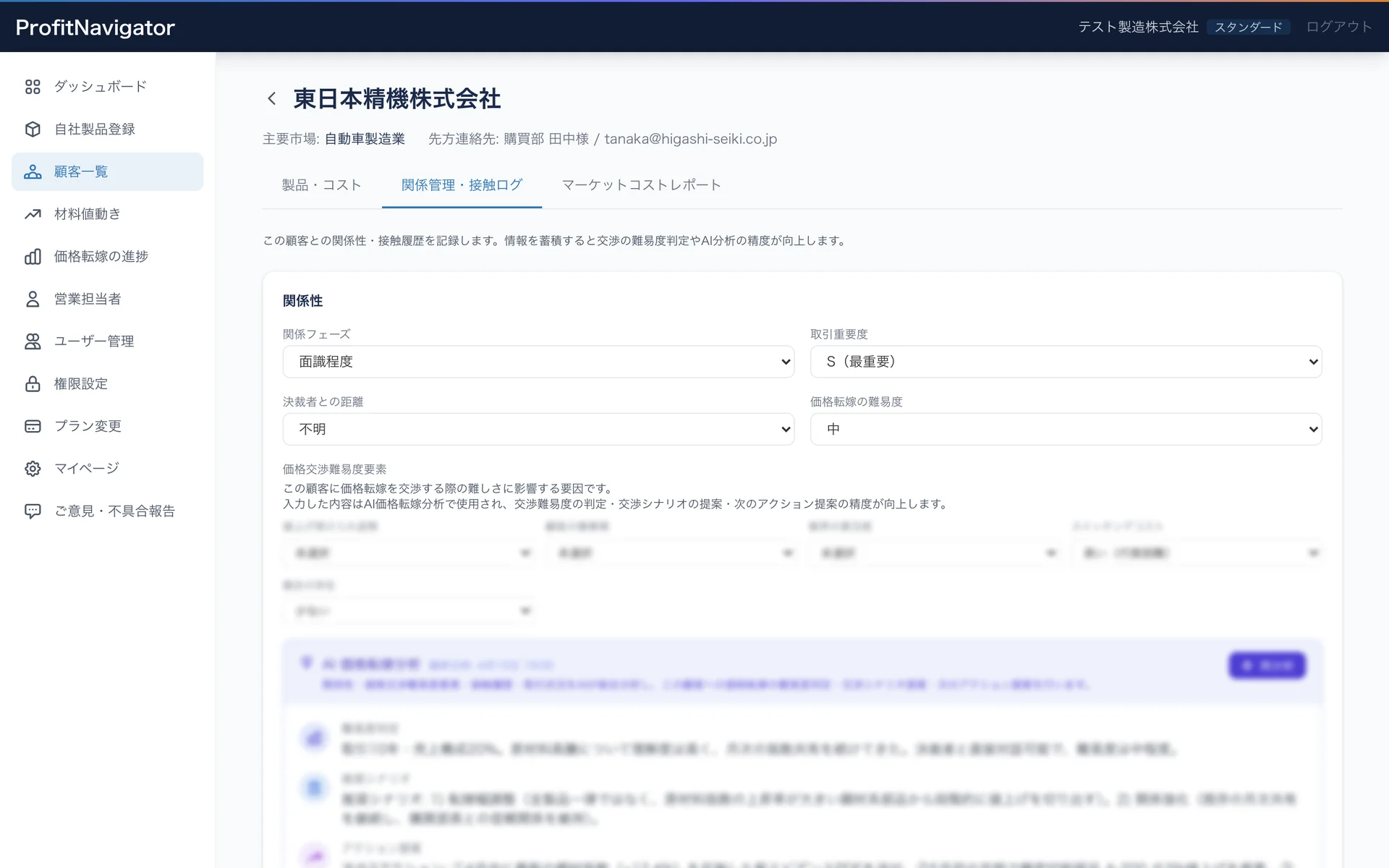 ProfitNavigator AI価格転嫁分析パネル（難易度判定・推奨シナリオ・3つのアクション提案）