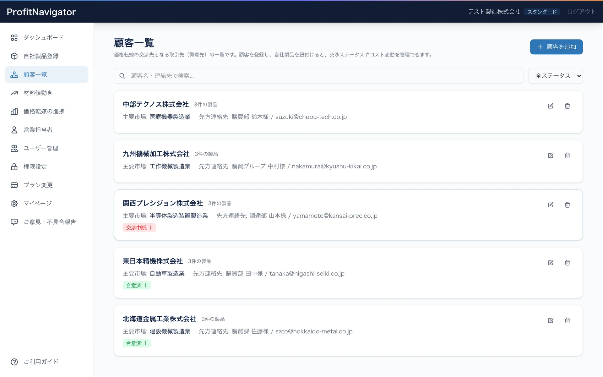 ProfitNavigator 顧客一覧画面
